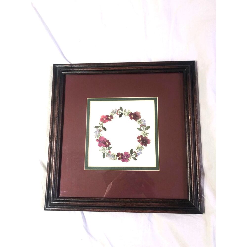 Vintage 90 Signed Abigail Pressed Flower Wreath Framed Art Cottagecore Botanical